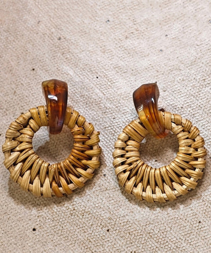 Handmade Yellow Alloy Bamboo Vine Grass Weaving Hoop Earrings
