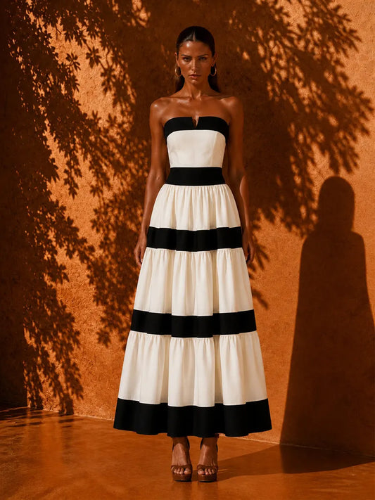 Davina Strapless Striped Maxi Dress with Bow Detail