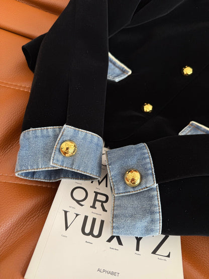 Celine 25 Denim Patchwork Velvet Jacket Black Blue