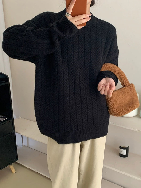 Long Sleeves Loose Solid Color Velvet Round-Neck Knitwear Pullovers Sweater Tops
