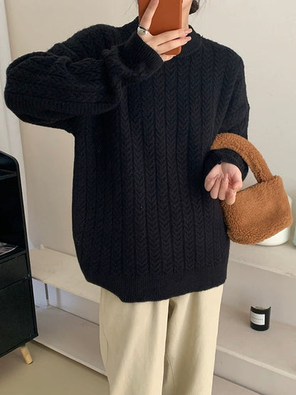 Long Sleeves Loose Solid Color Velvet Round-Neck Knitwear Pullovers Sweater Tops
