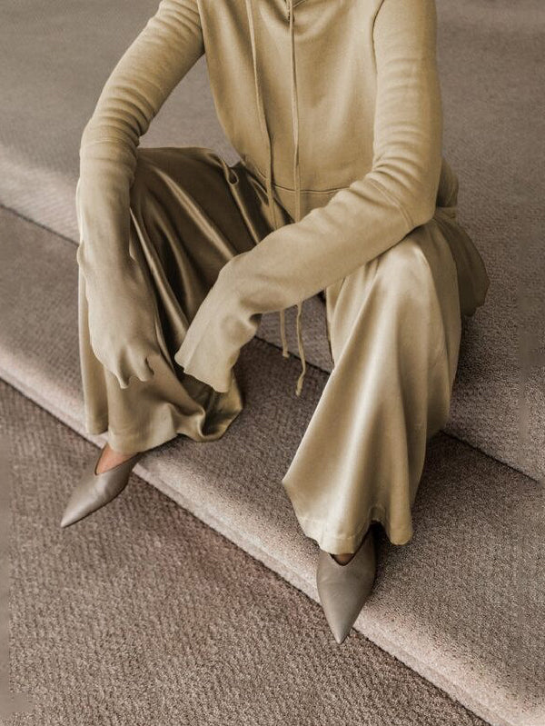High Waisted Long Sleeves Drawstring Hooded Solid Color Split-Joint Hooded Pants Set Two Pieces Set Two-Piece Sets