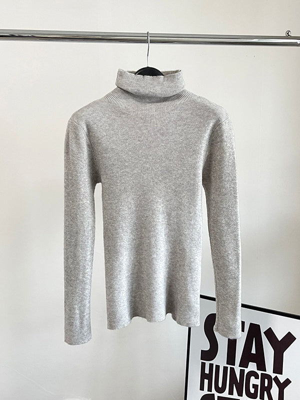 Casual Long Sleeves Skinny Solid Color High-Neck Sweater Tops