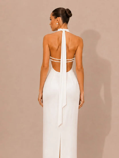 Selene Halter-Neck Beaded-Back Maxi Dress