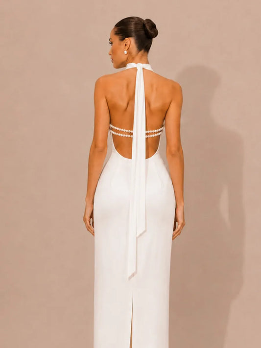 Selene Halter-Neck Beaded-Back Maxi Dress