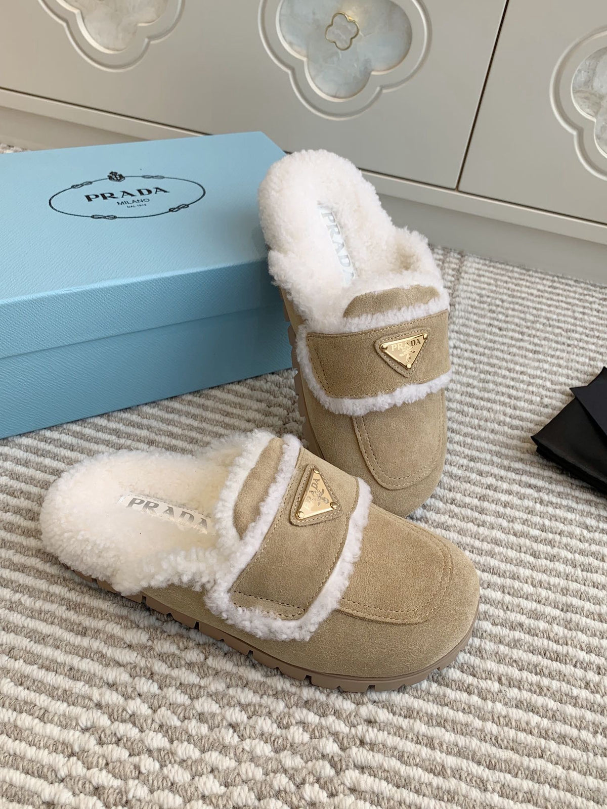 Pra Slippers Desert Beige Suede & Shearling 478568