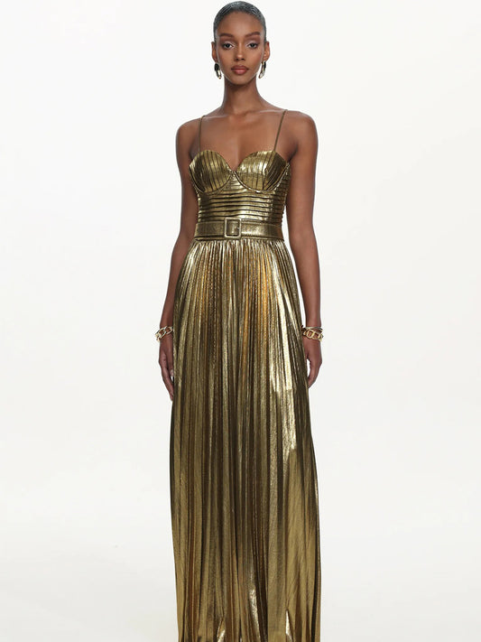 Bellamy Sleeveless Pleated Metallic Maxi Dress