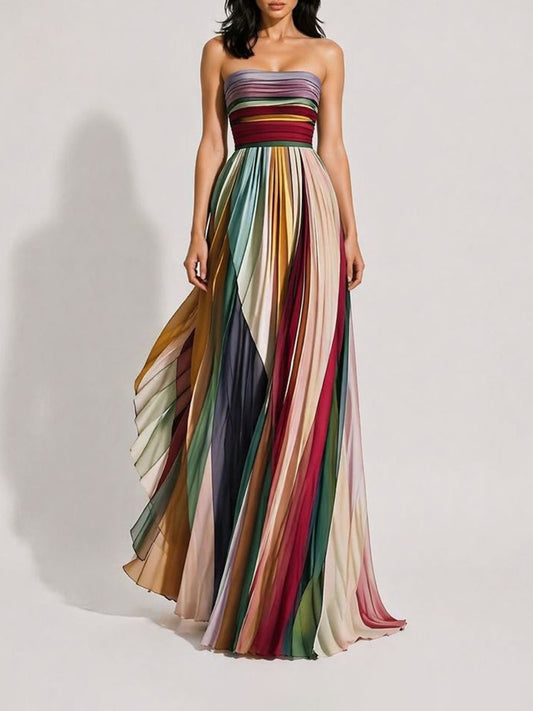 Aniya Elegant Waist-Cinching Pleated Printed Maxi Dress