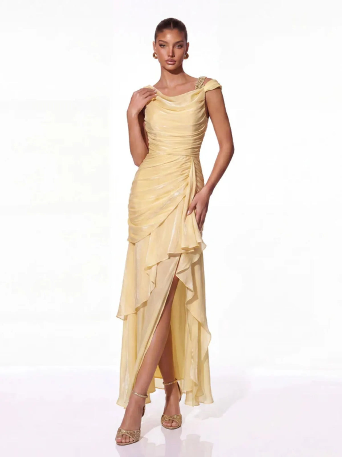 Lurevin Butter Yellow Ruffle Maxi Dress