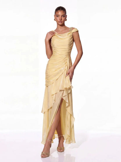 Lurevin Butter Yellow Ruffle Maxi Dress