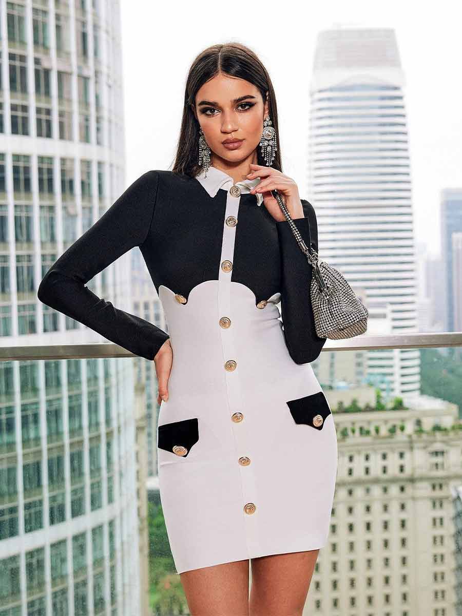 Sienna Folded Collar Button Bandage Mini Dress
