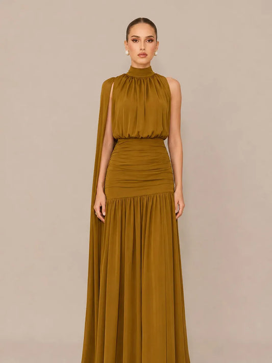 Melinda Pleated-Waist Maxi Dress with Scarf-Tie Detail