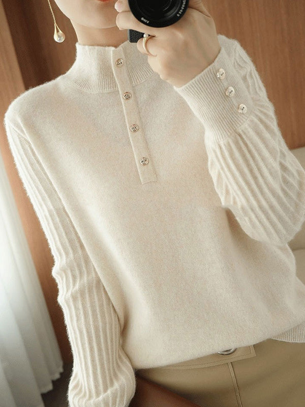 Casual Puff Sleeves Long Sleeves Solid Color Half Turtleneck Sweater Tops