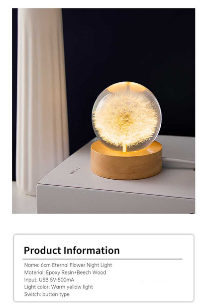 Dandelion Glowing Night Light Crystal Ball Eternal Flower Gift Wooden Birthday Gift For Girl