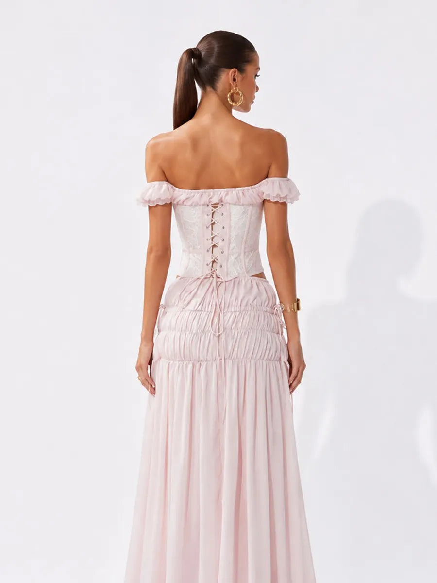Rebecca Lace Off-Shoulder Top and Pleated Maxi Skirt Set