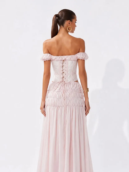 Rebecca Lace Off-Shoulder Top and Pleated Maxi Skirt Set