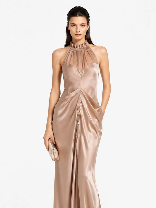Estella Sleeveless Halter-Neck Mesh Maxi Dress