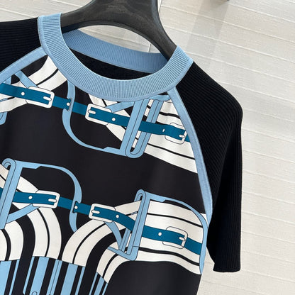 Hm 25 Print Patchwork Knit Top Black Blue Tencel Wool