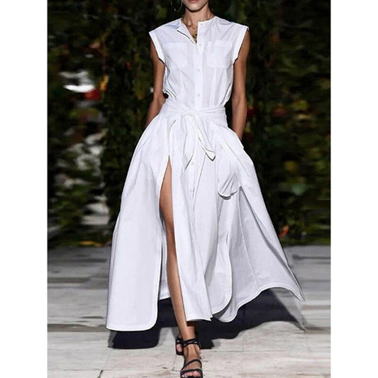 Cap Sleeve Loose Buttoned Solid Color Split-Joint Tied Waist Round-neck Maxi Dresses Shirt Dress