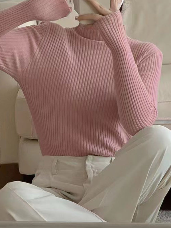 Long Sleeves Skinny Solid Color Mock Neck Knitwear Pullovers Sweater Tops