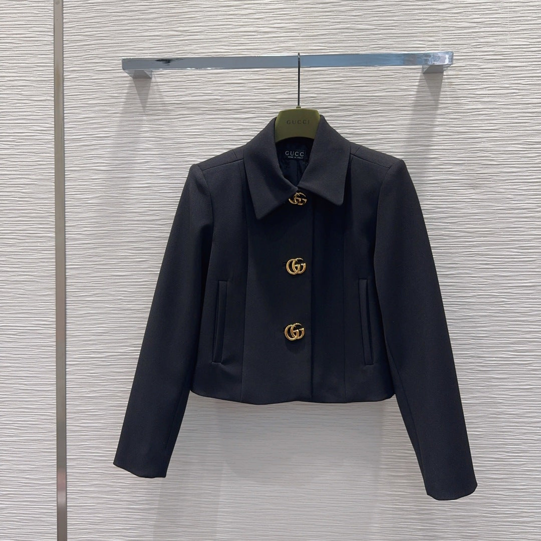 GG Crêpe Jacket With Double G Button Black Wool 346673