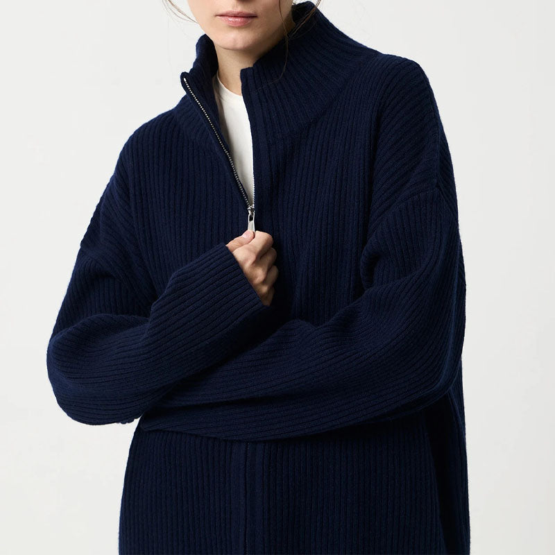Simple Ribbed Knit Mock Neck Zip Up Cardigan