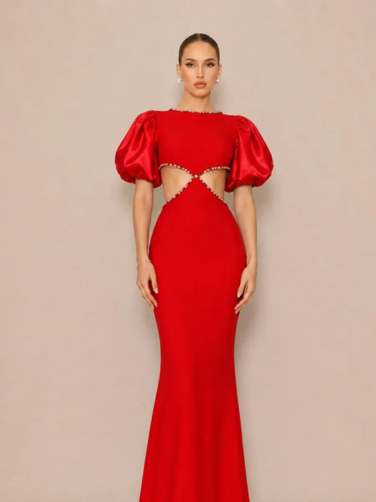 Anais Romantic Contour Puff Sleeve Cut Out Rhinestone Bandage Maxi Dress