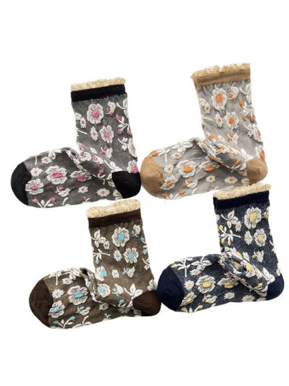 Rufia - Vintage Flower Mid-Calf Socks - Elegant &amp; Chic