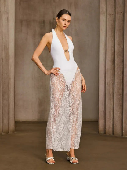 Luna Halter Bodysuit & Sheer Lace Maxi Skirt Set