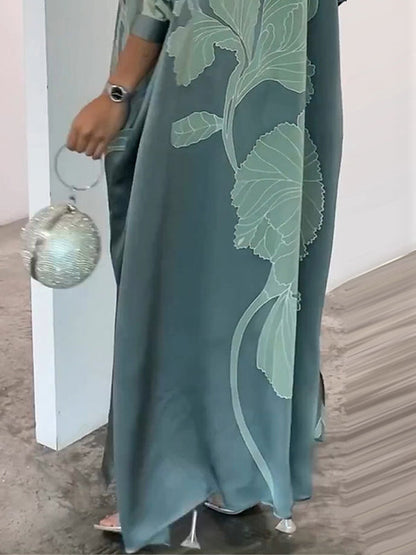 Long Sleeves Loose Buttoned Contrast Color Flower Print Leaves Print Muslim Split-Side V-Neck Evening Dresses Maxi Dresses Muslim Abaya