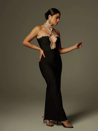 Cornie Halterneck Rhinestone Bandage Maxi Dress