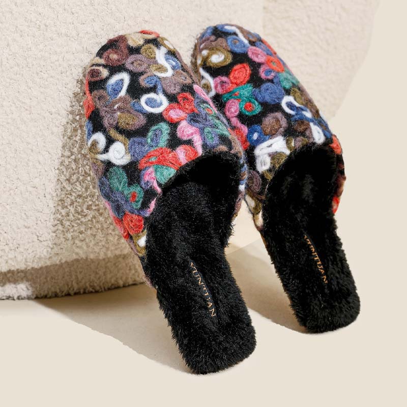 Flower Embroidery Soft Warm Plush Indoor Slippers