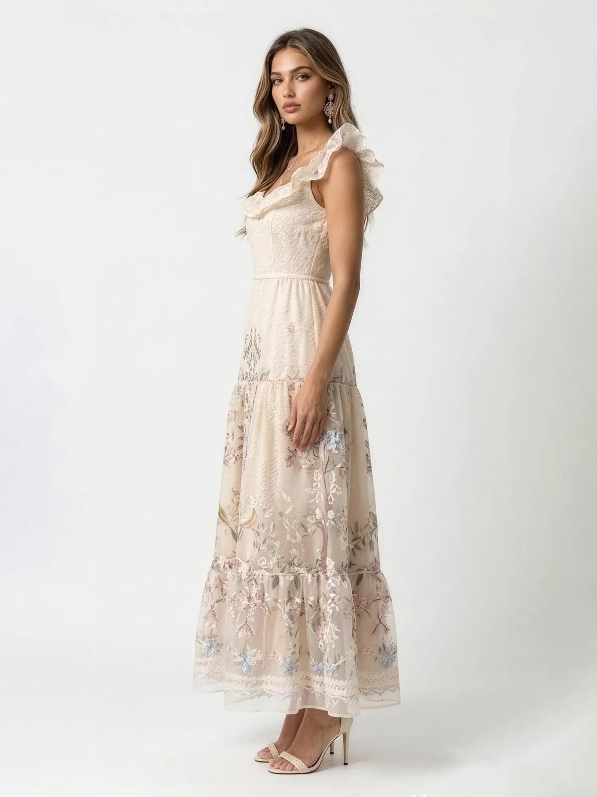Aurora Vintage Floral Lace Ruffle Maxi Dress