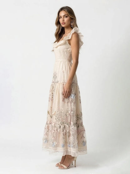 Aurora Vintage Floral Lace Ruffle Maxi Dress