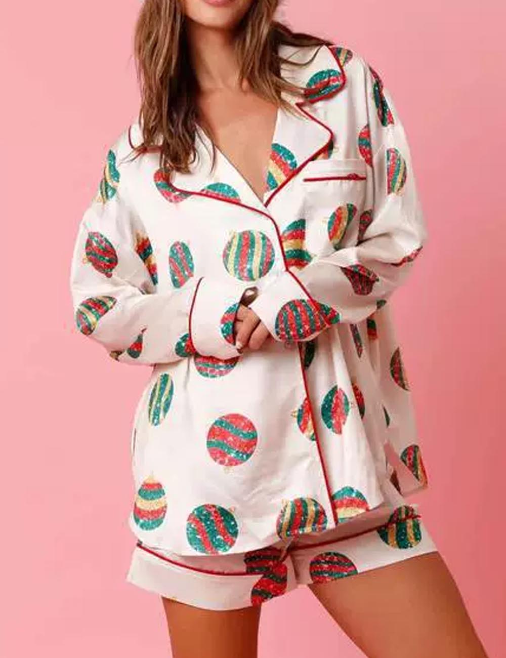 2 Pcs Soft Cartoon Print Satin Christmas Pajamas Set