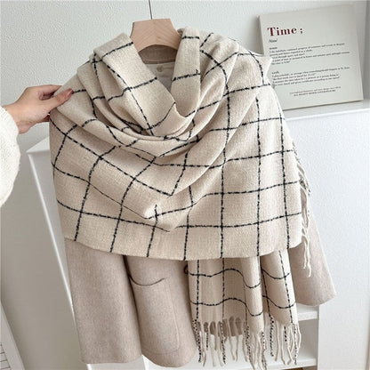 Color Block Plaid Fringe Scarf