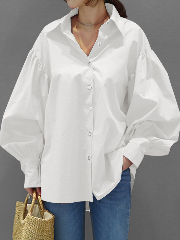 Long Sleeves Loose Buttoned Pleated Solid Color Lapel Blouses&Shirts Tops