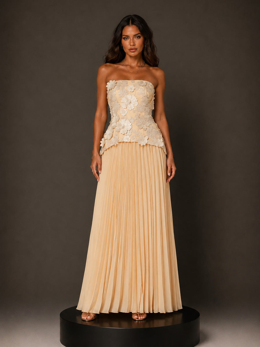 Isla Elegant Floral Strapless Top and Maxi Skirt Two-Piece Set