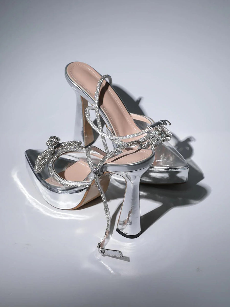 Anouk Bow Crystal Heels In Silver