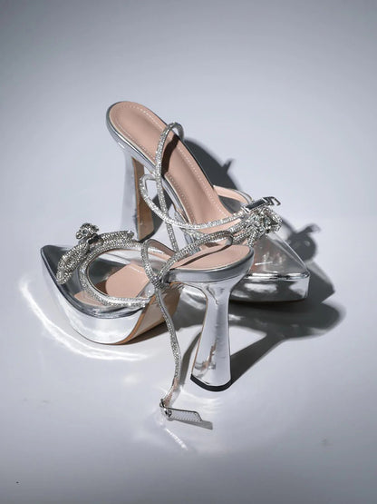 Anouk Bow Crystal Heels In Silver