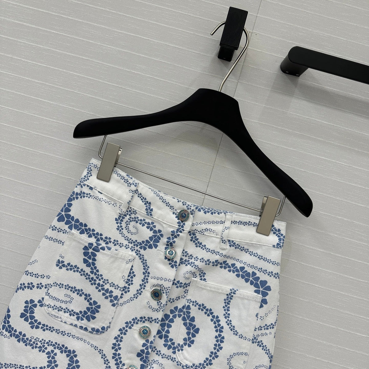 CC 25 Printed Denim Single-breasted Short Skirt Blue White Cotton