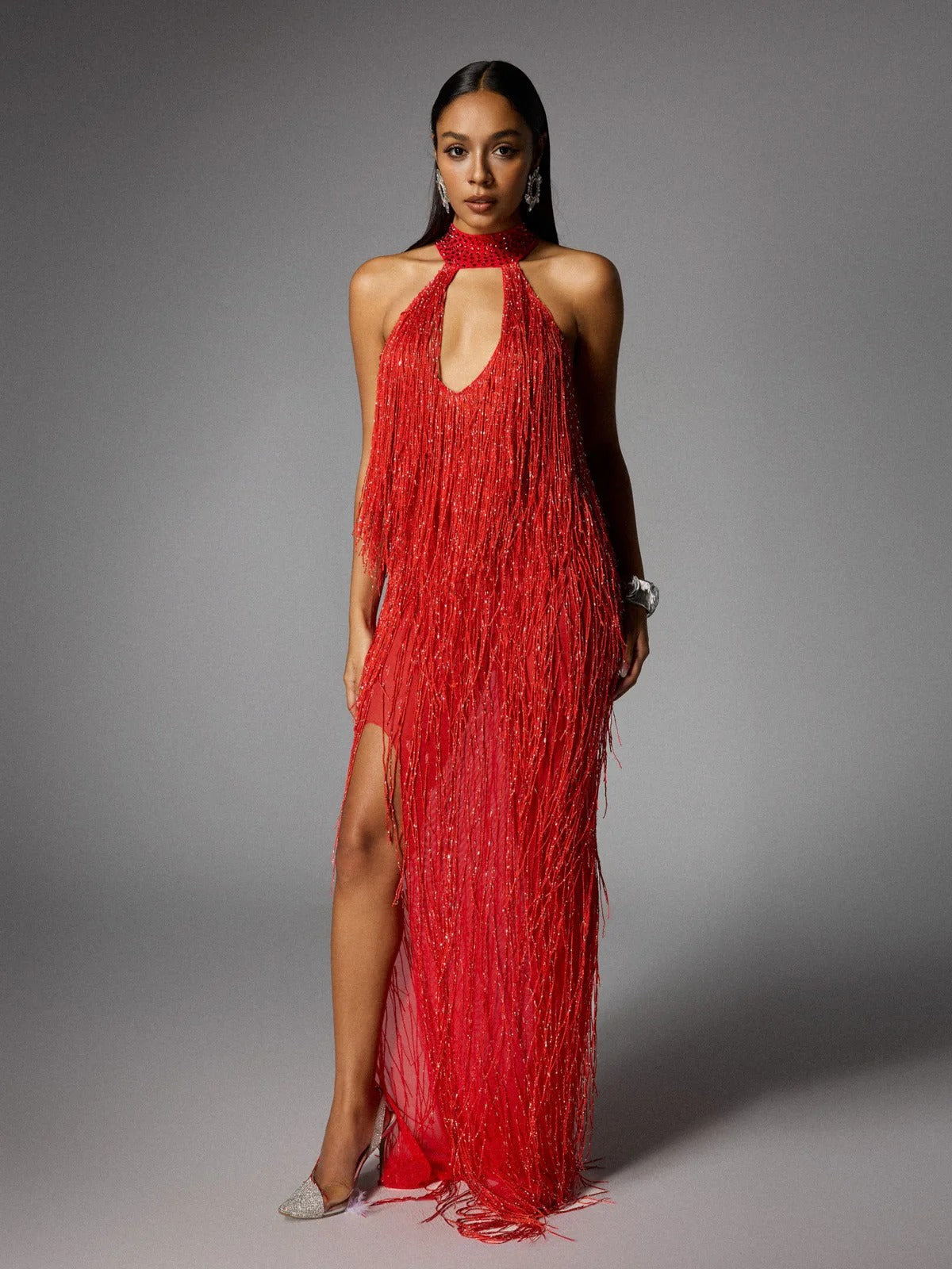 Elvrik Halterneck Fringe Cutout Split Maxi Dress