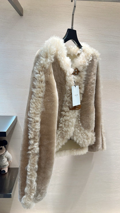 CELINE Shearling Brown Coat with Wool Trim 333327