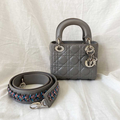 Dior Grey Cannage Leather Mini Lady Dior Tote