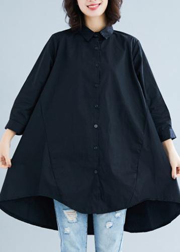 diy lapel asymmetric cotton linen clothes For Women black daily shirt