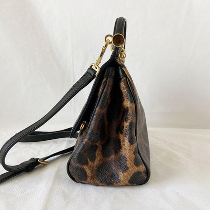 Dolce & Gabbana Leopard Print Leather Medium Miss Sicily Top Handle Bag