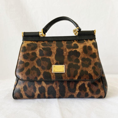 Dolce & Gabbana Leopard Print Leather Medium Miss Sicily Top Handle Bag