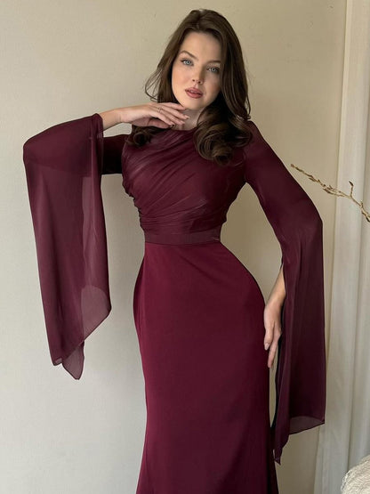 Alissa Long-Sleeve Ruched Mermaid Maxi Dress
