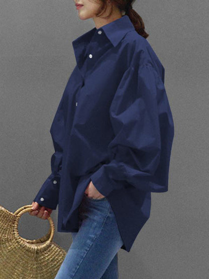 Long Sleeves Loose Buttoned Pleated Solid Color Lapel Blouses&Shirts Tops