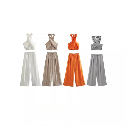 Vesty - Linen Cross-Neck Two-Piece Set (Top + Pants)